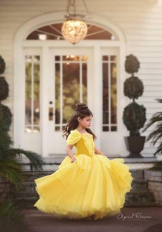 Twirl like a princess in this amazing Ballgown. Belle inspired gorgeous ballgown. You special one will truly feel like a princess in this amazingly full and soft ballgown. This is for a size 2t but can be ordered in many sizes, size 7 and up are an additional fee The dress is made like most of my dresses leotard style with no zippers, buttons or corsets to deal with, just step in and go. The leotard is made of the highest quality dance wear fabric, the top is a 4 way stretch yellow velvet and th Belle Inspired Dress, Tutu Dress Costumes, Rapunzel Dress, Belle Costume, Girly Outfit, Snow Dress, Princess Photo, Belle Dress, Tutu Costumes