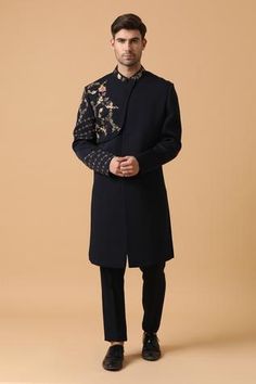 Shop for Kudrat Couture Blue Cotton Lycra Viscose Embroidered Bandhgala Set for Men Online at Aza Fashions Black Prince Coat For Men, Black Prince Coat, Italian Embroidery, Prince Coat, Fabric Pants, Straight Fit Pants, Embroidered Neckline, Indian Fashion Designers, Satin Color