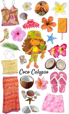 Fruit Themed Outfits Aesthetic, Strawberry Shortcake Character Outfits, Hibiscus Aesthetic Outfits, Hawaii Outfit Aesthetic, Coco Calypso Strawberry Shortcake, Tropical Core Outfit, Hibiscus Outfit, Coconut Outfits, Strawberry Shortcake Fanart