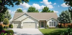 this is an artist's rendering of a house in the suburbs with landscaping and trees