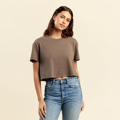 Cropped Tee | Mocha Trendy Cropped T-shirt For Everyday, Boxy Cotton Cropped Shirt For Everyday, Cropped Boxy Fit Tops, Boxy Fit Cropped Tops, Basic Cotton Cropped Shirt For Everyday, Minimalist Cropped Tops For Everyday, Everyday Cotton Cropped T-shirt, Cropped Boxy Fit T-shirt, Basic Cropped Tops With Relaxed Fit