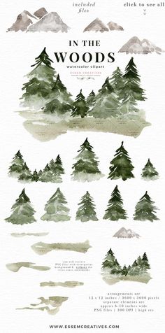 watercolor trees and mountains with the words in the woods