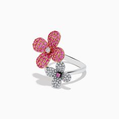 Effy Nature 14k Two Tone Gold Pink Sapphire and Diamond Flower Ring Diamond Flower Ring, Diamond Flower, White Stone, Flower Ring, Pink Sapphire, Gold Rose, Round Diamonds, Gold Metal, Two Tone