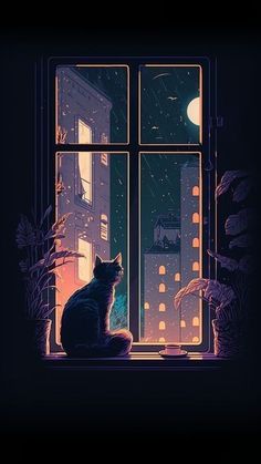 a cat is sitting on the window sill looking out at the city and stars