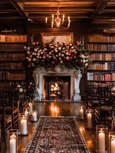 Charming Library Wedding Ceremony Elegant Library Wedding, Snowy Wedding Venues, Fireplace Wedding Ceremony, Indoor Proposal, Schoolhouse Wedding, Dark Academia Wedding, Winter Wedding Aesthetic, Gilded Wedding