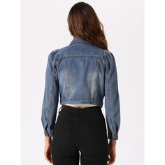 This is a fit H-shaped denim jacket with a lapel collar. It is made of thick and warm denim fabric, which becomes soft and comfortable after washing. The front center uses a button door to open and close with a regular lapel, which is very simple and practical. The front symmetrical chest pockets and puff sleeves add elegance and romance. It is suitable for the 18-35-year-old light mature group to get off work, go shopping, and make appointments. It is the perfect lightweight jacket for a casual Denim Blue Cropped Denim Jacket For Winter, Winter Cropped Denim Jacket In Denim Blue, Winter Denim Blue Cropped Denim Jacket, Fitted Collared Denim Jacket In Denim Blue, Collared Dark Wash Denim Jacket For Winter, Dark Wash Collared Denim Jacket For Winter, Winter Collared Dark Wash Denim Jacket, Dark Wash Denim Top For Winter, Winter Dark Wash Denim Top