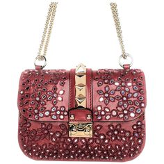 This stylish shoulder bag is crafted of luxuriously smooth lambskin leather in dark red with extensive hand-embroidered floral embellishments with mirror mosaics. The bag features a bijoux gold chain shoulder strap and signature Valentino large gold pyramid studs. The flap opens with a gold glam lock to a red leather interior with room for just the essentials for day or evening by Valentino Garavani! Retail price is $3,445. Designer: Valentino Garavani Material: Lambskin leather Origin: Italy Co Gold Glam, Mirror Mosaic, Stylish Shoulder Bag, Formal Shoes For Men, Branded Handbags, Lambskin Leather, Gold Tone Metal, Bag Pattern, Pyramid