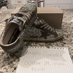 Brand New, Worn These Once Inside My House. They’re Beautiful Size 38 Tts Designer Round Toe Sneakers For Party, Designer Low-top Sneakers For Party, Designer Party Sneakers With Round Toe, Golden Goose Glitter, Shoes Golden Goose, Goose Shoes, Golden Goose Shoes, Glitter Shoes, Golden Goose