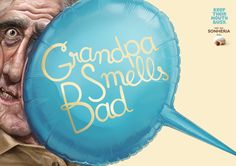 an old man holding a blue balloon with the words grandpa smelles bad on it