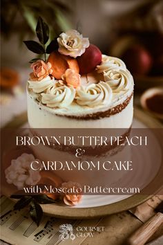 brown butter, peach and cardamoon cake with rosette buttercream