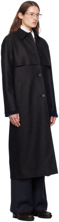 Mulesing-free virgin wool melton coat. · Spread collar · Button closure · Storm flap at front and back · Welt pockets · Raw edge at cuffs · Partial polar fleece lining Supplier color: Black Black Shield, Harris Wharf London, Black Body, Polar Fleece, Raw Edge, Welt Pockets, Welt Pocket, London, Wool