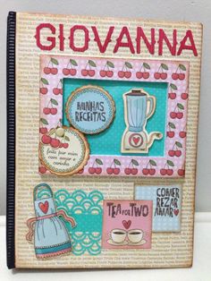 an altered picture frame with the words giovaanana on it and images of kitchen items