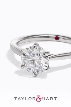 a diamond ring with a red stone on the side