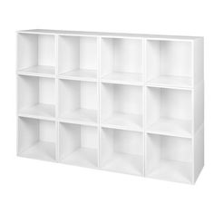 a white bookcase with twelve cubes on the front and two shelves below it