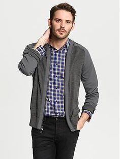 Hybrid Hooded Zip Cardigan - Sweaters Casual Winter Hooded Jacket For Layering, Gray Hooded Jacket With Ribbed Cuffs For Fall, Casual Hooded Cardigan With Ribbed Cuffs, Sporty Winter Cardigan With Ribbed Cuffs, Men Closet, Cardigan Sweaters, Zip Cardigan, Male Fashion, Sweater Cardigan