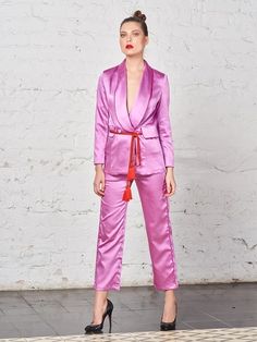 Tasseled Satin Blazer + Pants (Two-Piece Set) in Pink - Closure Type: Single Button Snap fastening at front with removable belt Material: Polyester, viscose Dry clean only Our Style No. ZC-10486  #2-Piece Set #pants #pantsuit Spring Tailored Belted Pantsuit, Fitted Belted Sets For Spring, Fitted Pantsuit With Belted Cuffs For Spring, Chic Fitted Belted Sets, Belted Sets For Spring Workwear, Spring Workwear Sets With Belted Details, Spring Workwear Belted Sets, Satin Trousers, Satin Blazer