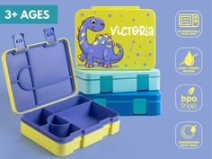 Make lunchtime a blast with our Personalized Kids Lunch Box, available in five vibrant colors and unique design themes! Whether your little one is into dinosaurs, unicorns, elephants, or sharks, there's a perfect match for every child. Color Options: Choose from Royal Blue, Sky Blue, Yellow, Lilac, or Salmon to match your child's personality. Durable & Safe: Made from BPA-free materials, this lunch box is both microwave and dishwasher-safe, ensuring convenience and peace of mind. Practical Compartments: The interior features five compartments, perfect for portioning snacks, main meals, and treats, all kept fresh with a leak-proof design. Child-Friendly Design: Easy-to-open latches and a removable tray make it simple for kids to enjoy their meals and for parents to clean up afterward. Ideal Playful Multicolor Lunch Box For Playtime, Playful Blue Lunch Box Gift, Playful Multicolor Lunch Box For Daycare, Playful Blue Lunch Box For Daycare, Multicolor Rectangular Lunch Box For Playtime, Blue Lunch Box For Back To School Gift, Multicolor Rectangular Lunch Box For Daycare, Back To School Bento, Bento Box For Kids