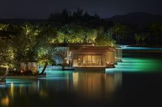 an outdoor area with trees and lights on the water at night, along with several lounge chairs