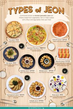 An infographic with photos of 10 different types of Jeon, also commonly known as Korean pancakes. We have Pa-jeon, Haemul Pa-jeon, Kimchi-jeon, Yuk-jeon, Gamja-jeon, Wanja-jeon, Kkochi-jeon, Saengseon-jeon, Hobak-jeon and Hwa-jeon. Jeon Korean Pancake, How To Make Korean Pancakes, Jeon Recipe Korean Style, Korean Bonchon Recipe, Korean Food Guide, Korean Menu Food, Tangsuyuk Korean Style, Pajeon Recipe Korean Pancake, Korean Dishes Traditional