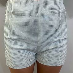 New With Tags Rhinestone Studded Shorts Size L Glamorous White Summer Bottoms, Spring Rhinestone Shorts For Night Out, Spring Night Out Shorts With Rhinestones, White Embellished Bottoms For Summer, Embellished White Bottoms For Summer, Glamorous Embellished Summer Bottoms, Spring Bottoms With Rhinestones, Short Style, High Waist Bottoms With Rhinestones For Night Out, High Waist Rhinestone Bottoms For Night Out