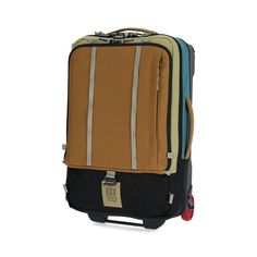 Front View of Topo Designs Global Travel Bag Roller in "Caribbean / Dark Khaki Mesh Backpack, Suitcase Handle, Topo Designs, Global Travel, Bone White, Pull Sweat, Dark Khaki, Backpack Straps, One Bag