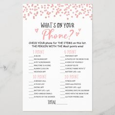 what's on your phone game card for the baby to play in pink and gold confetti