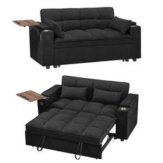 two black couches with pillows and a wooden table