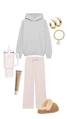 cozy clean girl fit Pink Sweatpants Outfit, Tiffany And Co Gold, Aritzia Sweatpants, Summer Fridays Lip Butter Balm, Pink Stanley, Summer Fridays Lip, Lip Butter Balm, Middle School Outfit, Sweatpants And Hoodie