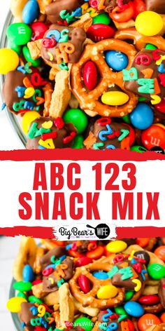 the abc 123 snack mix is full of colorful candy and pretzels