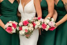 bridesmaids in green dresses holding bouquets of pink and white flowers