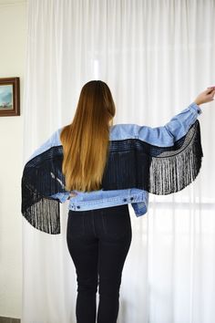 Fringed Denim Jacket, Fringe Denim Jacket, Denim Fringe Jacket, Fringe Coat, Denim Coat, Denim with Custom Fringe Custom, Vintage Denim Fringe Denim Jacket, Fringe Coat, White Stole, Denim Fringe, Fringe Coats, White Shawl, Vintage Fringe, Blue Napkins, Custom Denim