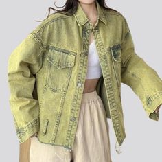 Turn heads this season with our Y2K-style Over-Dyed Cropped Denim Jacket. the must-have piece from our 2023 Spring-Summer Collection!Why It's Destined to Be Your New FavoriteThis updated classic is designed to make an unmistakable statement. Crafted from a unique fabric blend. it features an acid-green over-dye for a one-of-a-kind look.Exquisite Features: Oversized Fit: Cut for a simple fit. this piece is sure to become your go-to denim jacket. Cropped Design: Show off your favorite top with its Summer Washed Outerwear For Streetwear, Summer Washed Denim Jacket For Streetwear, Summer Streetwear Washed Denim Jacket, Trendy Summer Outerwear With Frayed Hem, Summer Cropped Cotton Denim Jacket, Cropped Cotton Denim Jacket For Summer, Spring Grunge Relaxed Fit Outerwear, Trendy Cotton Denim Jacket For Summer, Casual Cropped Denim Jacket For Summer