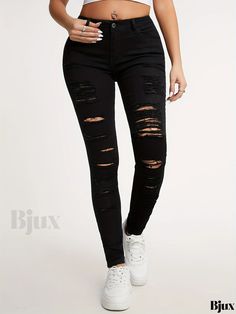 Bjux - High-Stretch Distressed Black Skinny Jeans with Ripped Holes - Womens Slim Fit Denim Clothing Stretch Distressed Grunge Jeans, Distressed Stretch Jeans In Grunge Style, Edgy Stretch Distressed Jeans, Edgy Ripped Stretch Jeans, Stretch Ripped Grunge Bottoms, Stretch Ripped Bottoms In Grunge Style, Grunge Style Stretch Ripped Bottoms, Denim Clothing, Style Preppy