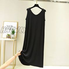 Hnewly New Modal Mid-Length V-Neck Vest Dress Bottoming Night Shirt Women’s Nightgowns Plus Fat Black V-neck Sleepwear For Spring, Casual Black Nightgown, Black Spring Sleep Dress, Black Sleep Dress For Spring, Black Long Maxi Dress For Loungewear, Black V-neck Nightgown For Loungewear, Black Maxi Dress For Loungewear, Black Maxi Dress For Summer Loungewear, Black Spring Nightgown For Sleep