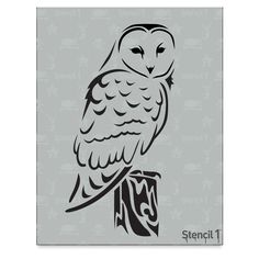 an owl sitting on top of a wooden post with the words stencil 1