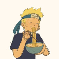 a drawing of a person eating noodles from a bowl