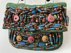 Handmade vintage Moroccan Berber Leather bag with beads  26 x 24 cm Vintage Beaded Shoulder Bag For Everyday Use, Vintage Beaded Bags For Festival, Handmade Vintage Shoulder Bag For Festivals, Vintage Handmade Shoulder Bag For Festivals, Festival Beaded Pouch Shoulder Bag, Vintage Hand-stitched Shoulder Bag For Festivals, Bohemian Green Beaded Bag, Vintage Green Beaded Bag, Bohemian Green Embellished Bag