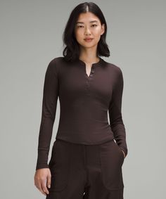 This Lightweight Everyday Henley Has Just-Right Softness, Just-Right Stretch, And A Snug Fit That Feels Like A Second Skin. Designed For Casual. Contours Your Body:not Too Short, Not Too Long, Just Right Around The Waistband. Wear The Front Buttons Open Or Closed. | Hold Tight Long-Sleeve Henley Women's Henley, Womens Long Sleeve Shirts, Lululemon Women, Too Short, Second Skin, White Long Sleeve, Shirt Outfit, Long Tops, Short Tops