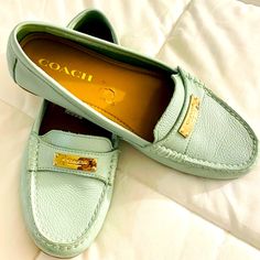 New Women’s Coach Loafers Fredrica Sea Foam Green No Box Mint Condition Sticker Made A Little Defect On Inside Sole Coach Leather Loafers For Spring, Casual Coach Loafers For Work, Coach Casual Loafers With Flat Heel, Casual Coach Loafers With Flat Heel, Chic Coach Flats For Spring, Casual Coach Loafers For Spring, Coach Loafers For Spring Workwear, Casual Coach Loafers, Elegant Green Moccasins For Work