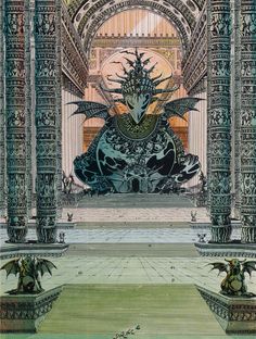 an artistic drawing of a fountain in a building with columns and arches, surrounded by plants