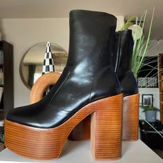 Jeffrey Campbell Women's Mexique High Heel Platform Booties Size 10 New Never Worn Fits Like A 9 Retro Black Heeled Boots With Round Toe, Black Boots With Wooden Heel And Round Toe, High Heel Platform, Jeffrey Campbell Shoes, Fall 2024, Jeffrey Campbell, Black Tan, Black And Tan, High Heel