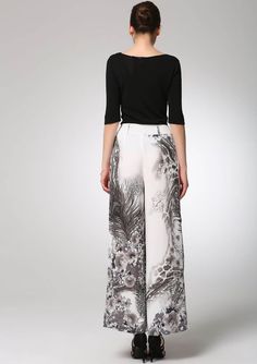 Maxi chiffon pants long women pants 1301 by xiaolizi on Etsy Elegant Printed Summer Skirt, Elegant White Printed Bottoms, Elegant Printed Spring Bottoms, Elegant Printed Skirt, White Printed Flowy Bottoms, Elegant Printed Summer Pants, Elegant Fitted Printed Bottoms, Long Wool Skirt, Chiffon Pants