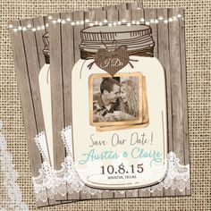 save the date mason jar with lace on it