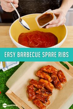 bbq sauce in a bowl with chicken wings and the words easy barbecue spare ribs