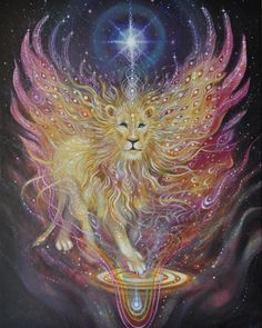 a painting of a lion with its wings spread out, surrounded by stars and circles