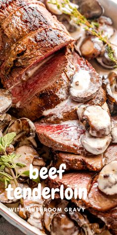 roast beef with mushrooms and herbs in a pan on the stovetop, ready to be served