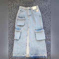 This Unique, Super Cute, Denim Skirt Has Cargo Pockets And Is Also Maxi Length. Never Worn, Non-Stretch Denim Cargo Skirt, Cute Denim Skirt, High Low Maxi Skirt, Biker Fashion, Sheer Maxi Skirt, Denim Cargo, Full Length Skirts, Skirt Trends, Floral Maxi Skirt