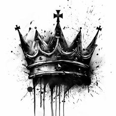 a black and white drawing of a crown with splatters on the side,