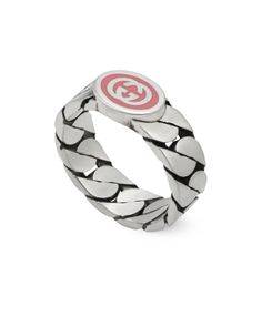 Gucci Sterling Silver Interlocked G Pink Enamel Logo Chain Link Ring Luxury Gucci Silver Chain Jewelry, Gucci Silver Chain Jewelry As A Gift, Gucci Sterling Silver Chain Jewelry, Designer Chain Link Metal Jewelry, Designer Metal Chain Link Jewelry, Designer Silver Chain Jewelry, Gucci Silver Ring With Polished Finish, Gucci Silver Jewelry With Silver-tone Logo Plaque, Gucci Silver Jewelry With Silver-tone Logo