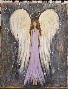 an angel painting with white wings and purple dress